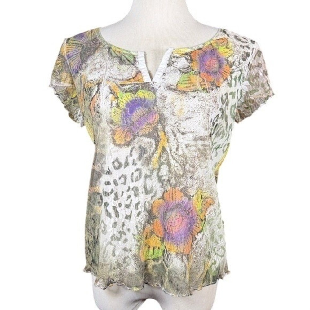 Dressbarn Women XL Floral Leopard Mesh Top Short Sleeve V-Neck Lettuce Edge Trim